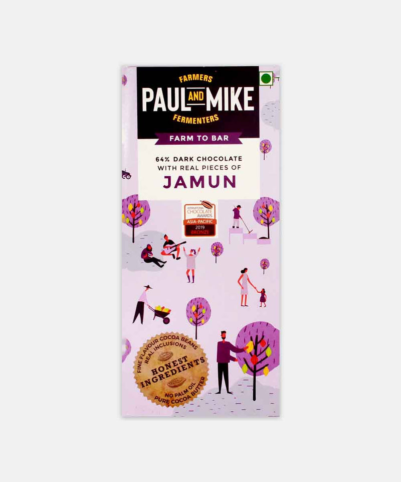 PAUL AND MIKE 64% VEGAN DARK CHOCOLATE WITH REAL PIECES OF JAMUN 68