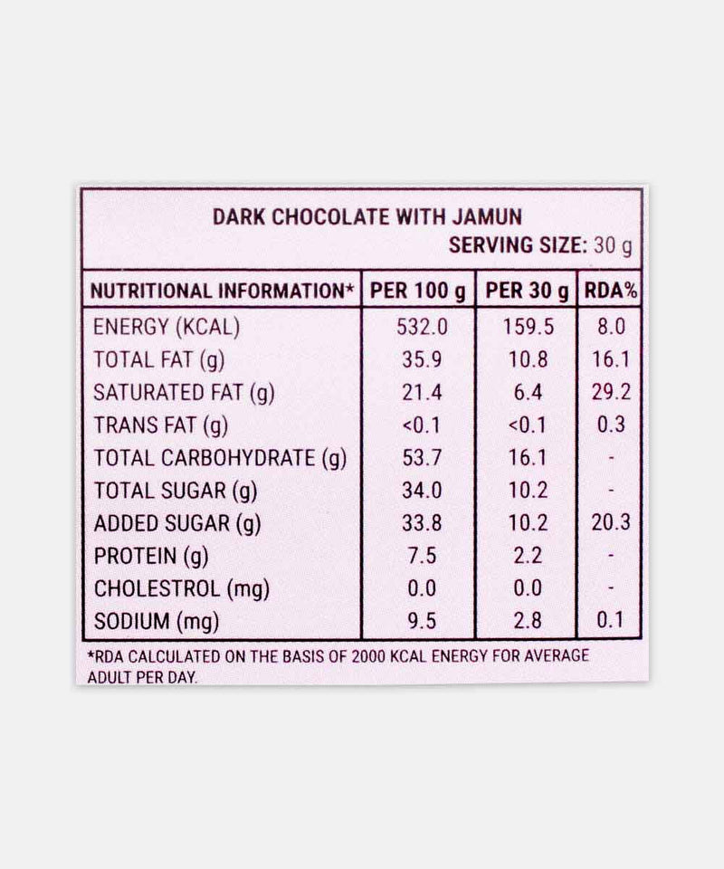 PAUL AND MIKE 64% VEGAN DARK CHOCOLATE WITH REAL PIECES OF JAMUN 68