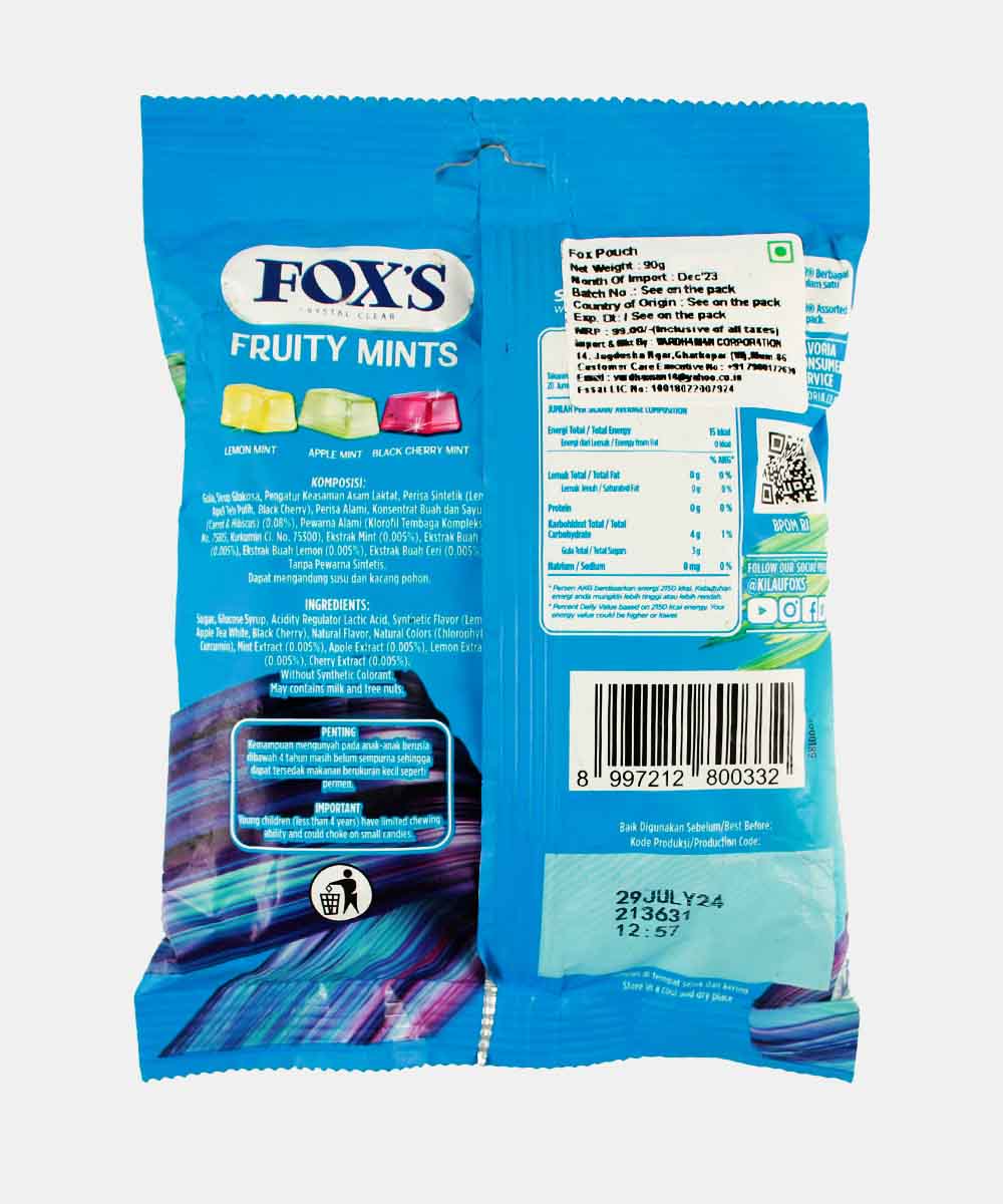 Foxs Crystal Clear Lemon Apple Black Cherry Fruity Mints 90 Gm