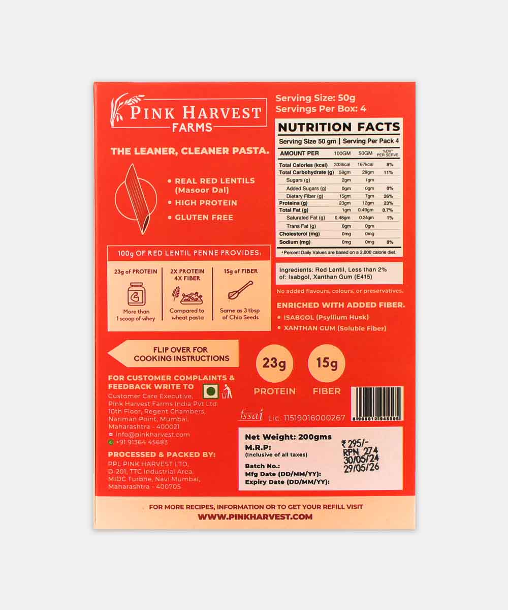 Pink Harvest Farms Red Lentill Gulten Free Penne 200 Gm