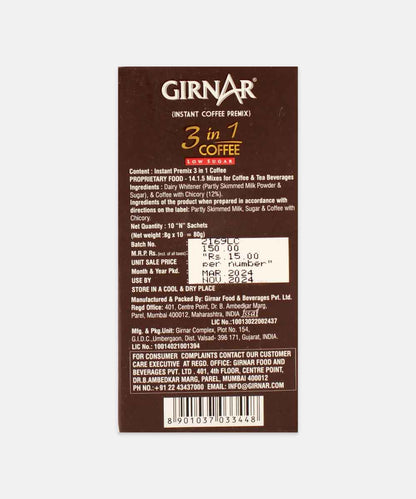 Girnar 3 In 1 Instant Premix Coffee Low Sugar 10 Sachets