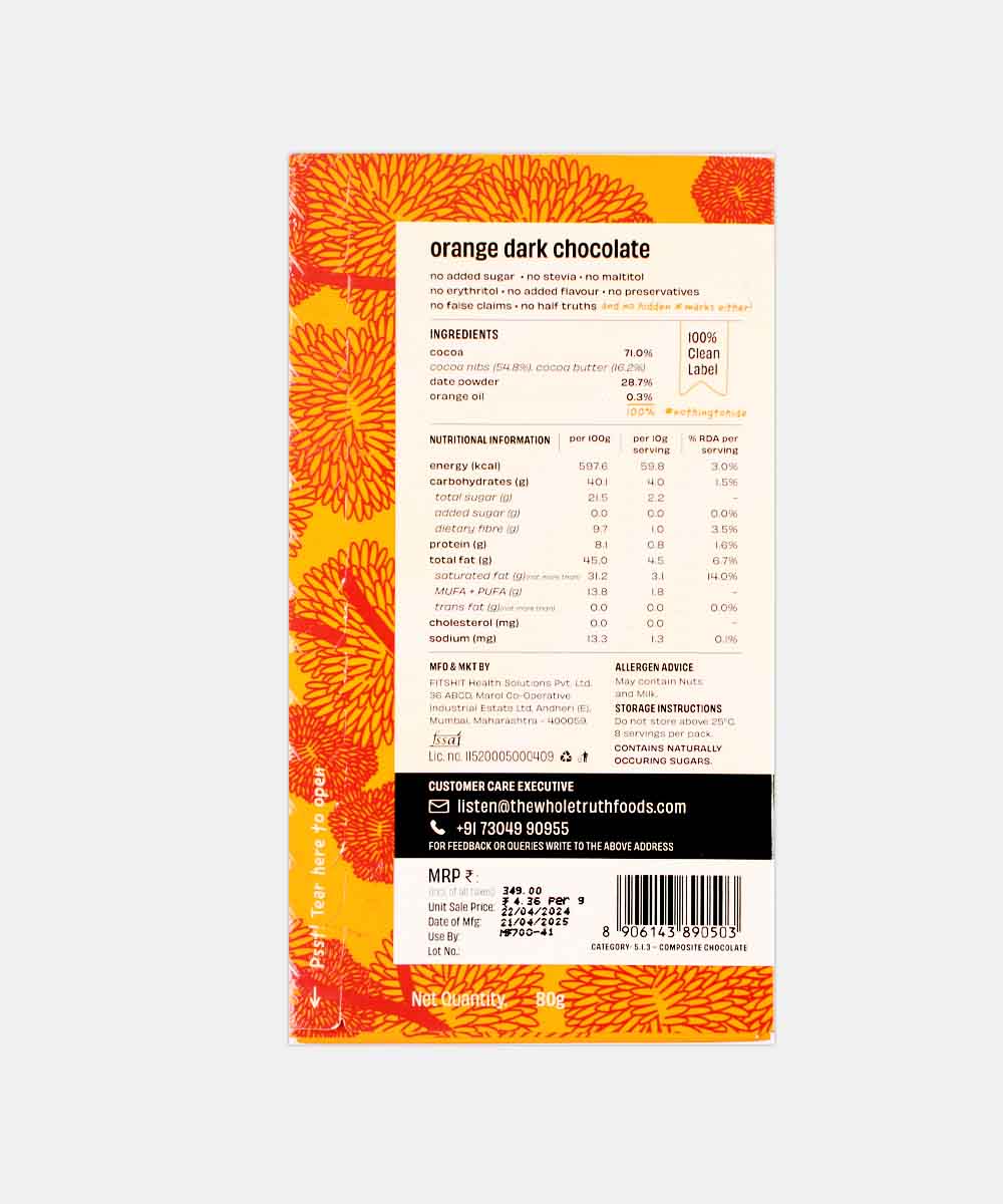 The Whole Truth Orange Dark Chocolate No Added Sugar 80 Gm