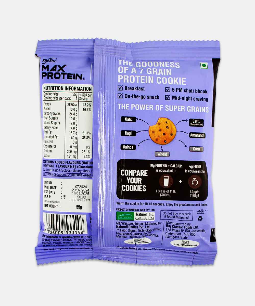 Rite Bite Max Protein 7 Grain Breakfast Choco Chips Cookie 55 Gm
