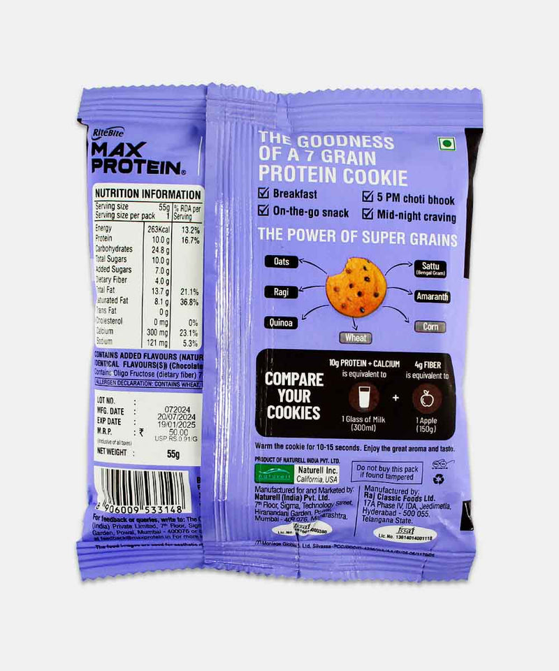 RITE BITE MAX PROTEIN 7 GRAIN BREAKFAST CHOCO CHIPS COOKIE 55