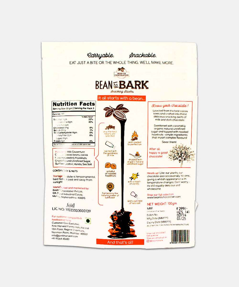 BEAN TO BARK MILK CHOCOLATE HEZELNUT SWIRL GLUTEN FREE 100 GM