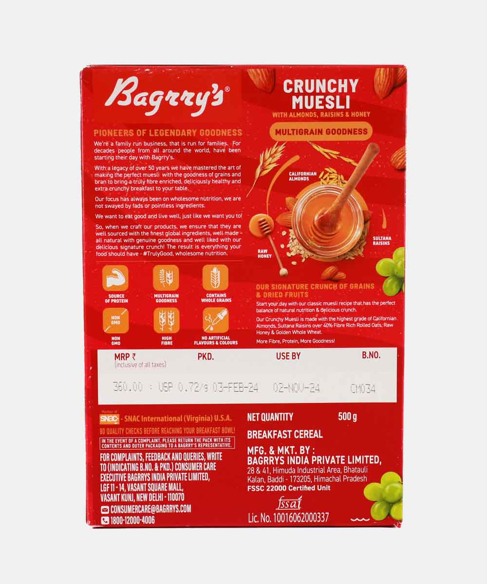 Bagrrys Crunchy Muesli Almond Raisins & Honey 500 Gm