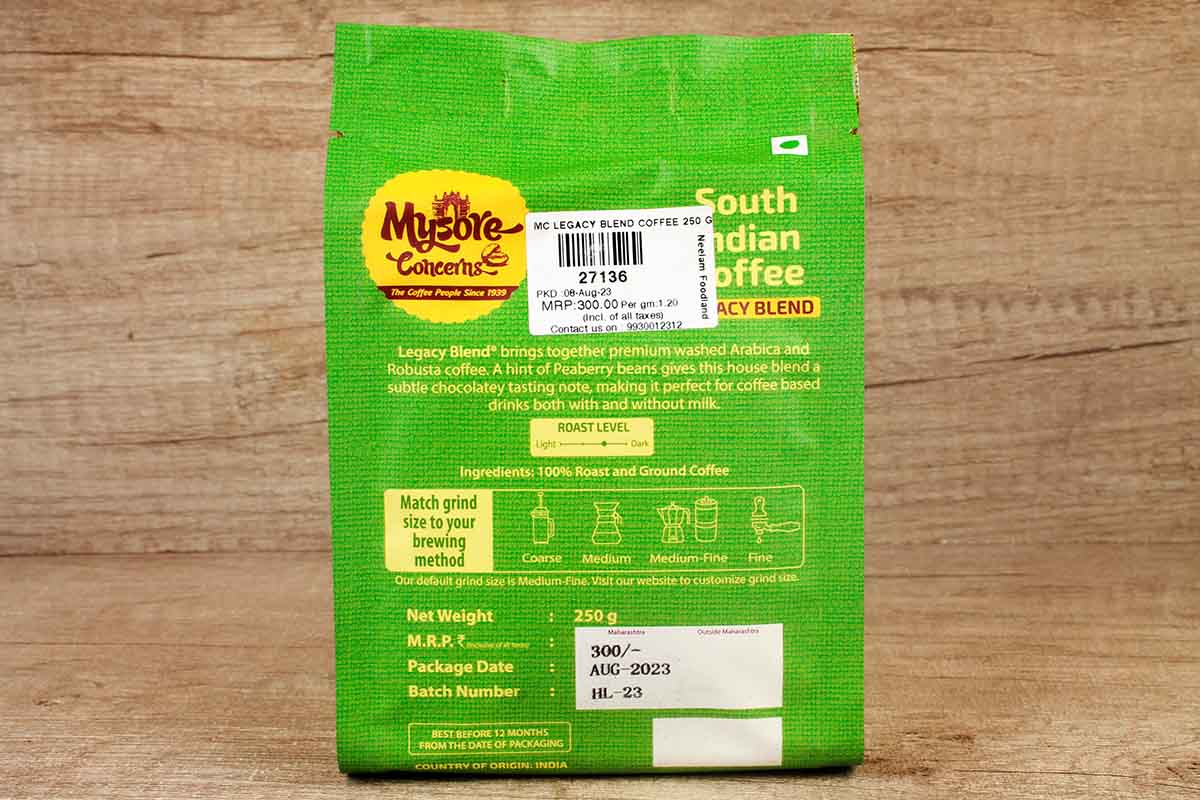 Mysore Concerns 100% Arabica And Robusta Legacy Blend Whole Beans Coffee 250 Gm