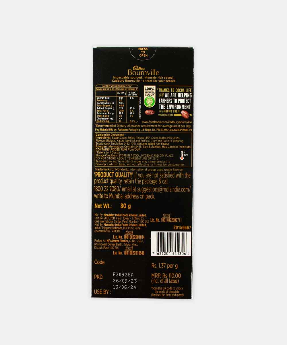Cadbury Bournville Rum & Raisin 80 Gm