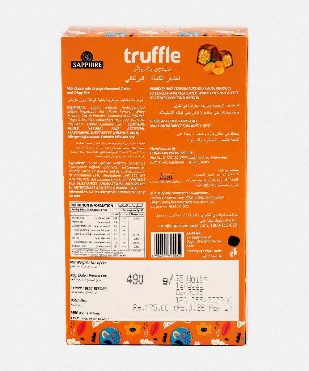 Sapphire Truffle Selection Milk Choco With Orange Chocolate 470 Gm