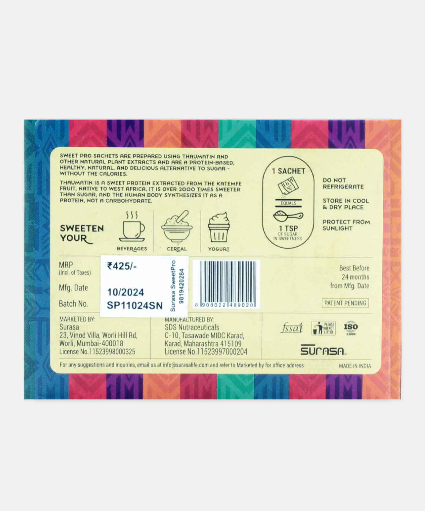 Surasa Sweetpro Sugar Free All Natural Katemfe Fruit Sweetner 100 Sachets 100 Gm