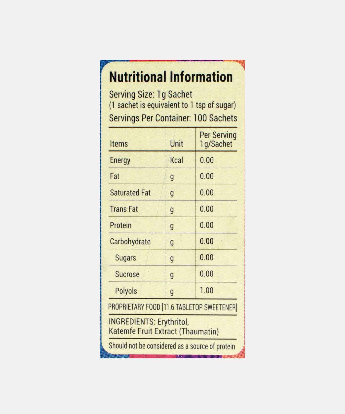 Surasa Sweetpro Sugar Free All Natural Katemfe Fruit Sweetner 100 Sachets 100 Gm
