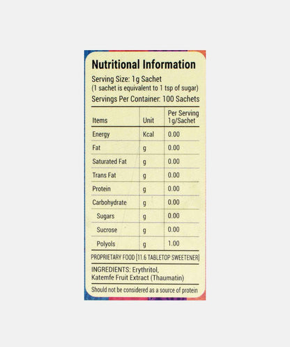 Surasa Sweetpro Sugar Free All Natural Katemfe Fruit Sweetner 100 Sachets 100 Gm