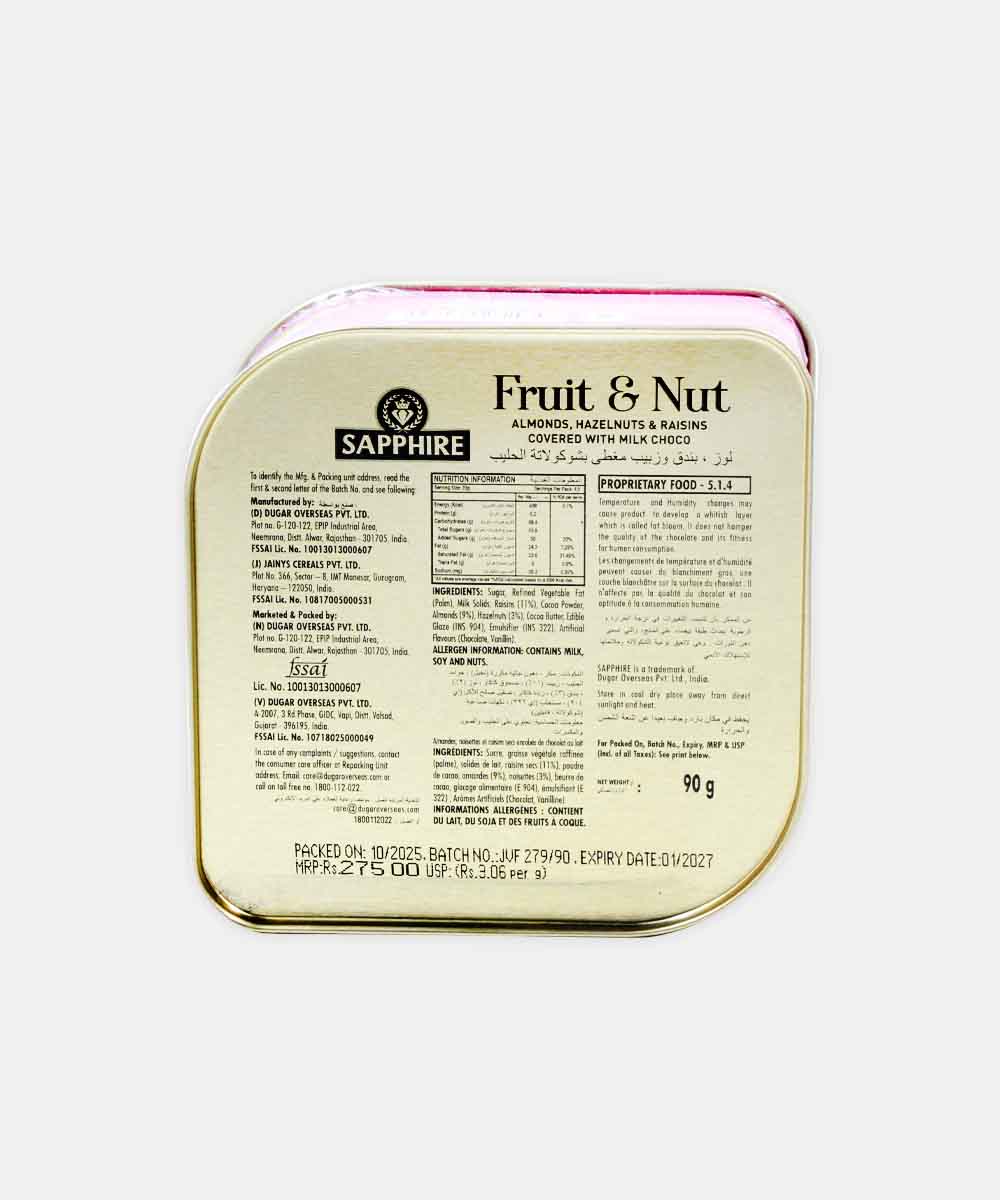Sapphire Fruit & Nut Almond Hazelnut & Raisins Covered With Milk Chocolate 80 Gm