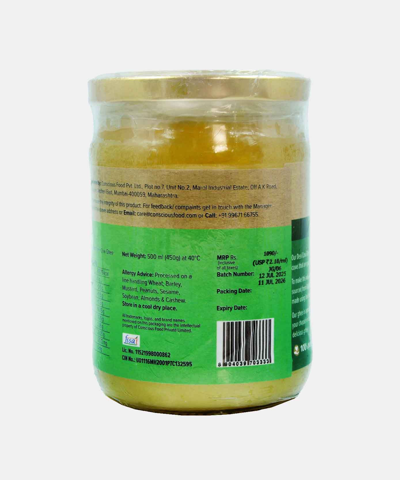 Conscious Food A2 Desi Cow Ghee 500 Ml