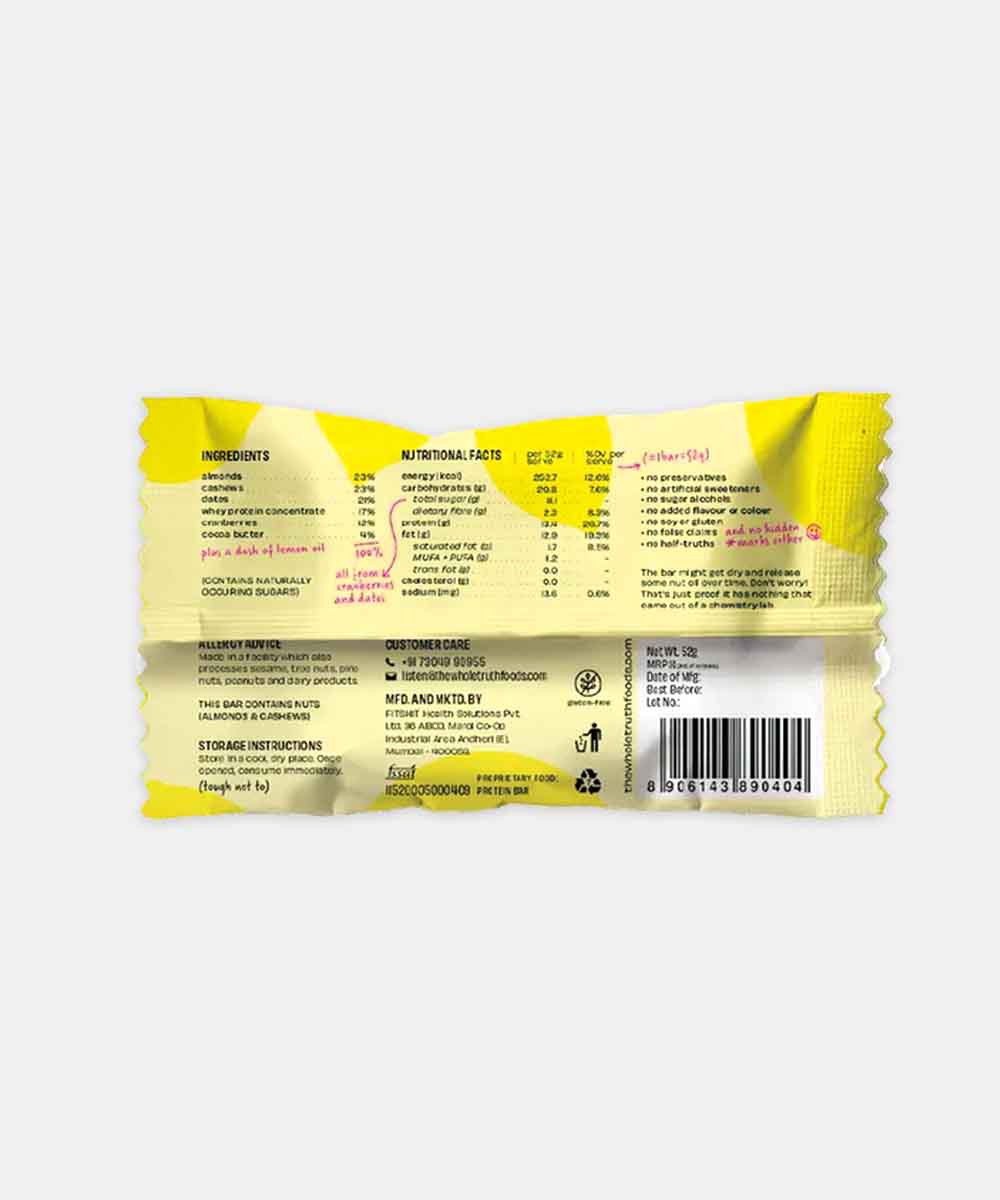 The Whole Truth Lemon Cranberry Bar 52 Gm