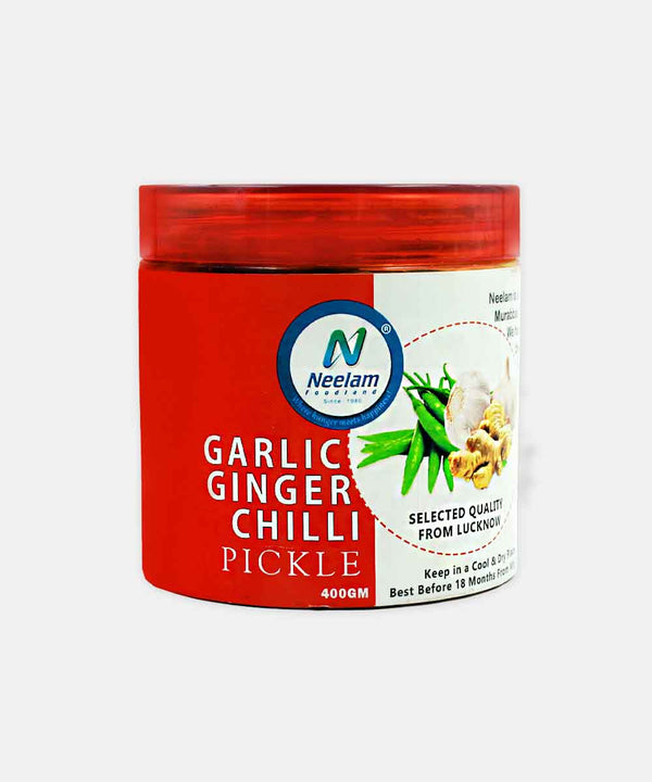 LUCKNOW GARLIC GINGER GREEN CHILLI PICKLE 400 GM
