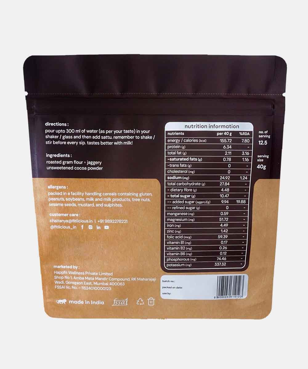 Fitlicious Chocolate Sattu | Dairy & Gluten Free | 6G Protein Per 40G | 500G