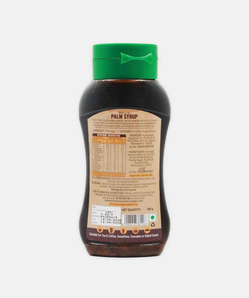 Sweetch Natural Palm Syrup Squeeze Bottle 400 Gm | No Added Sugar | Low Gi | Contains Minerals | Unrefined | No Chemical | Use With Milk, Cookies, Coffee, Pancakes, Baking & Toppings