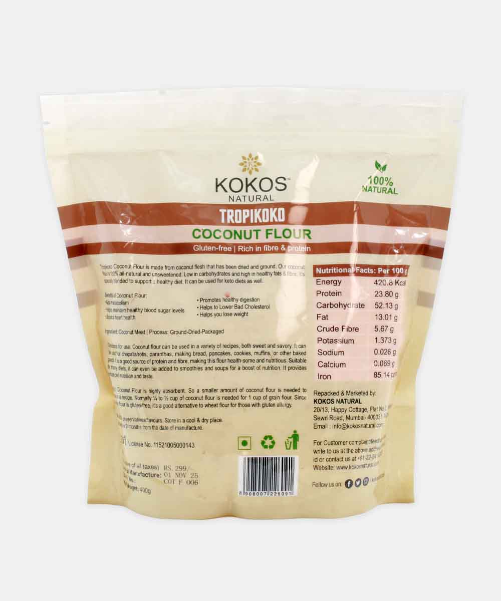Kokos Natural Coconut Flour 400 Gm - Gluten-Free, High In Fiber & Protein, Ideal For Keto Diets, Supports Heart Health, Weight Loss & Digestion