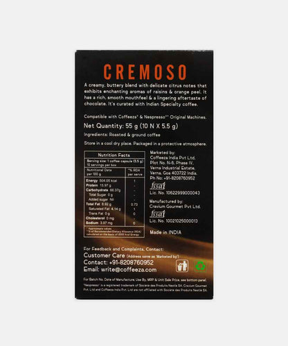 Coffeeza Cremoso Capsules Coffee 10 Capsules 55 Gm