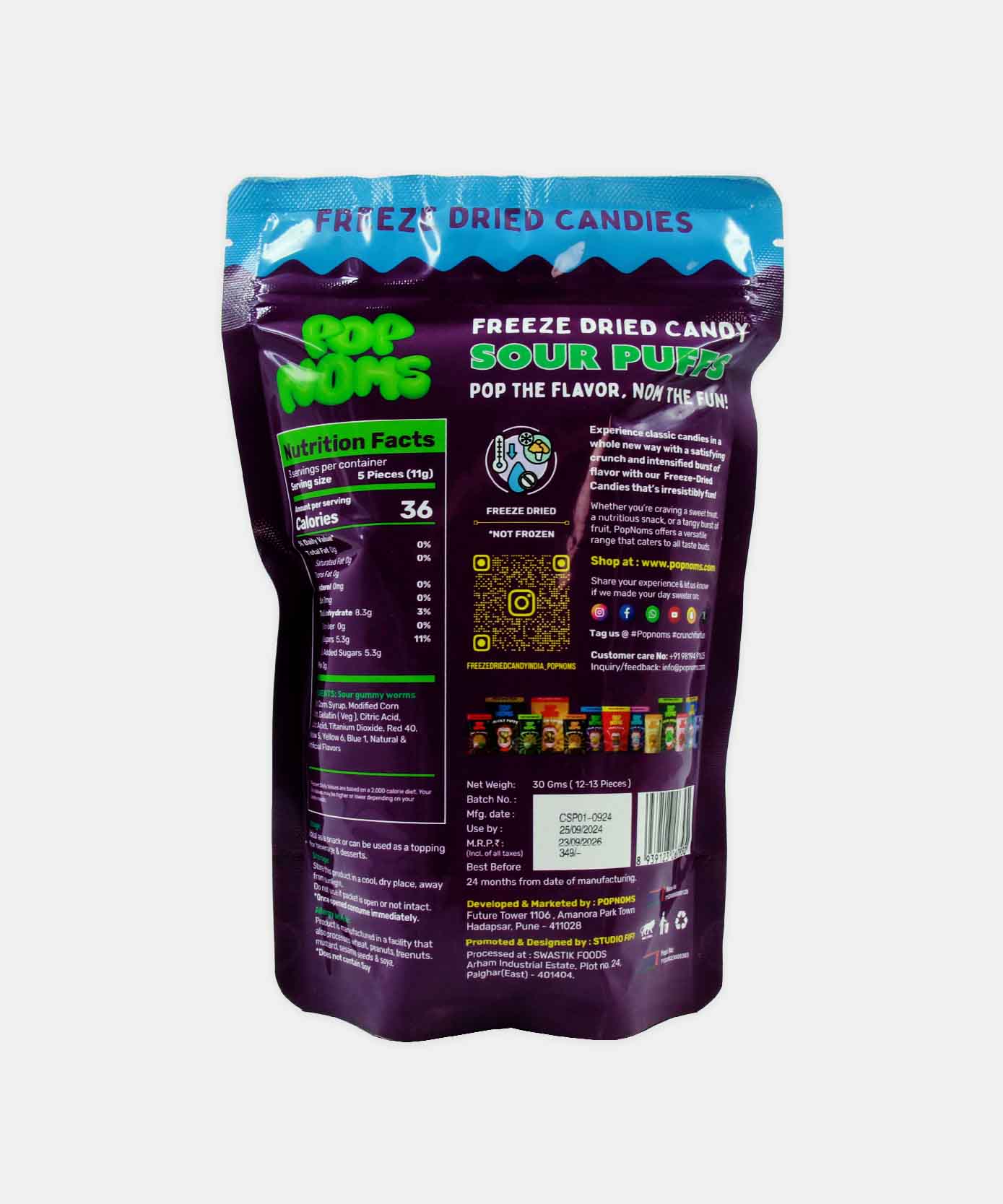 Pop Noms Freeze Dried Sour Puffs Candy 30 Gm