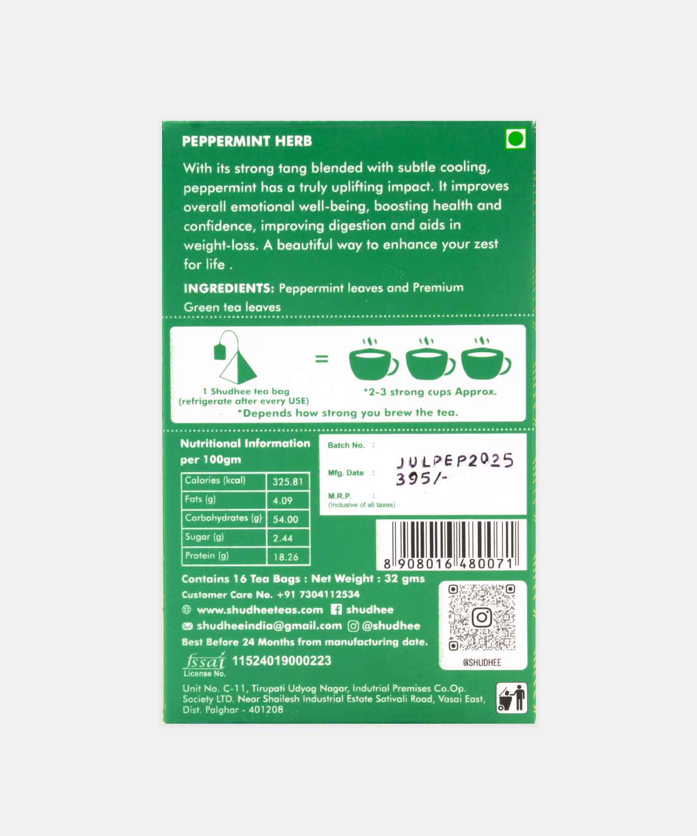 Shudhee Peppermint Tea Get Refreshed 16 Tea Bag 32 Gm
