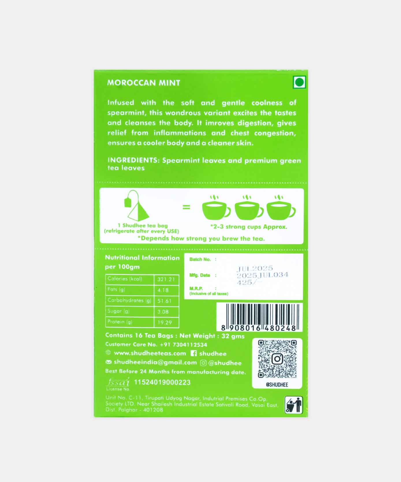 Shudhee Moroccan Mint Tea Soothing Tea 16 Tea Bags 32 Gm