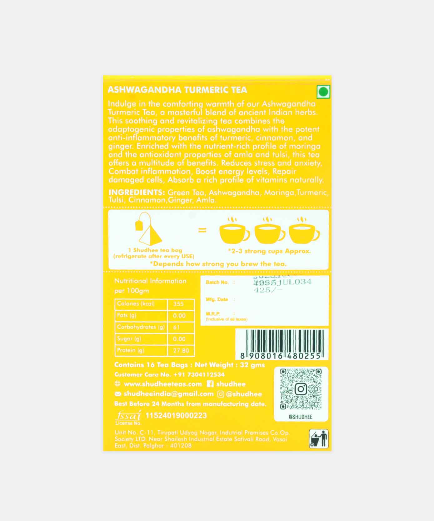 Shudhee Ashwagandha Turmeric Tea Anti-Inflammatory 16 Tea Bags 32 Gm