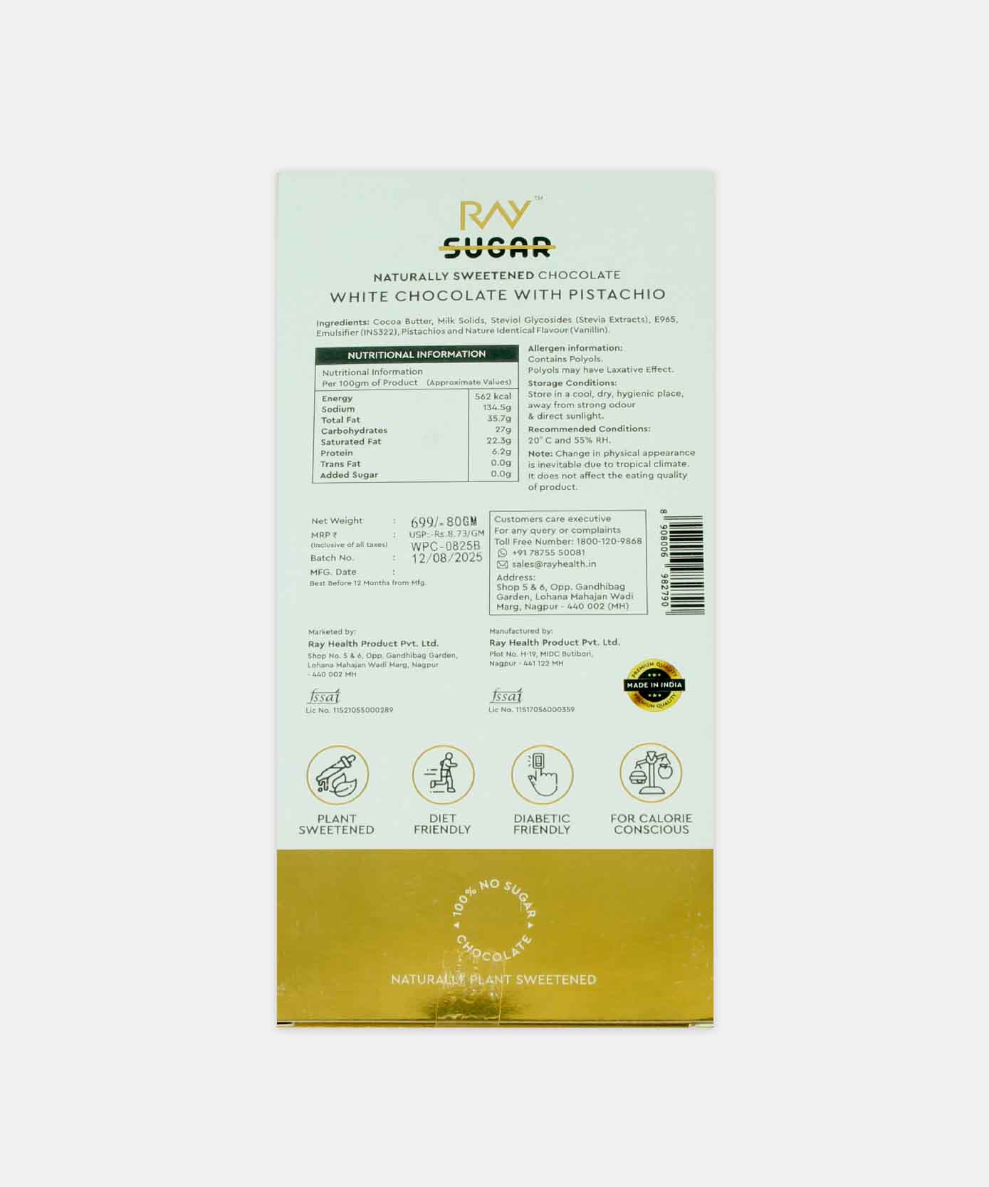 Ray No Sugar White Chocolate With Pistachio 80 Gm