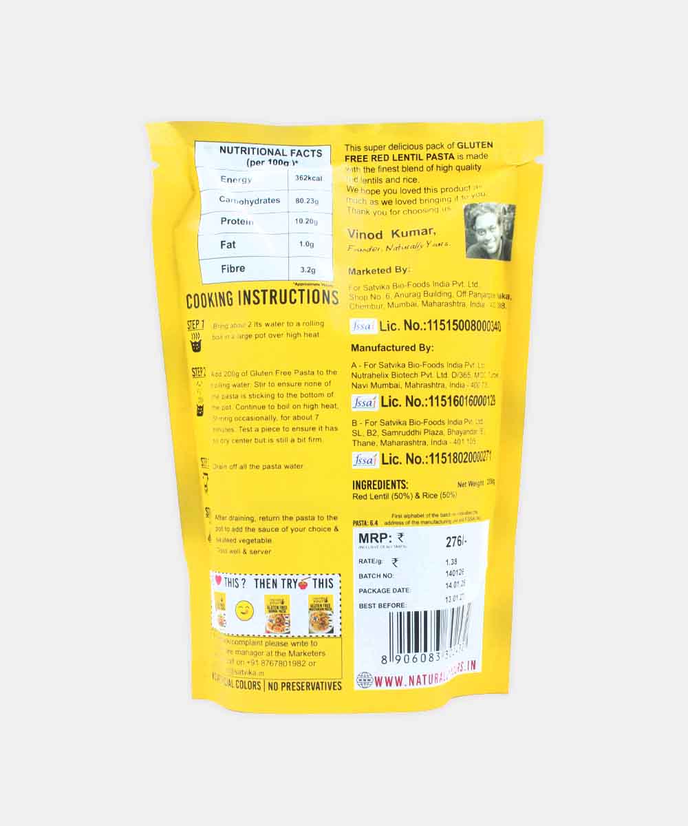 Naturally Yours Gluten Free Red Lentil Pasta 200 Gm