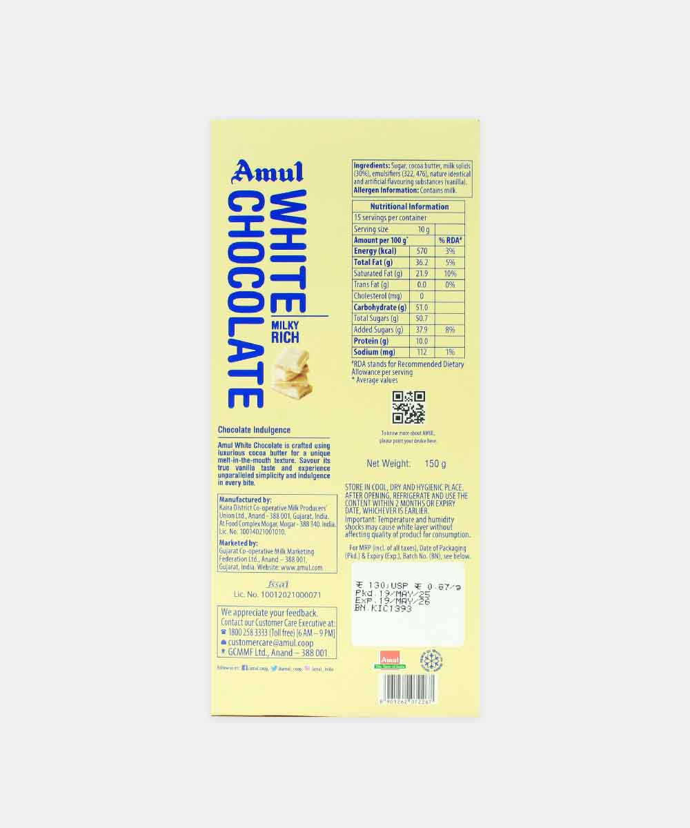 Amul White Chocolate Milky Rich 150 Gm