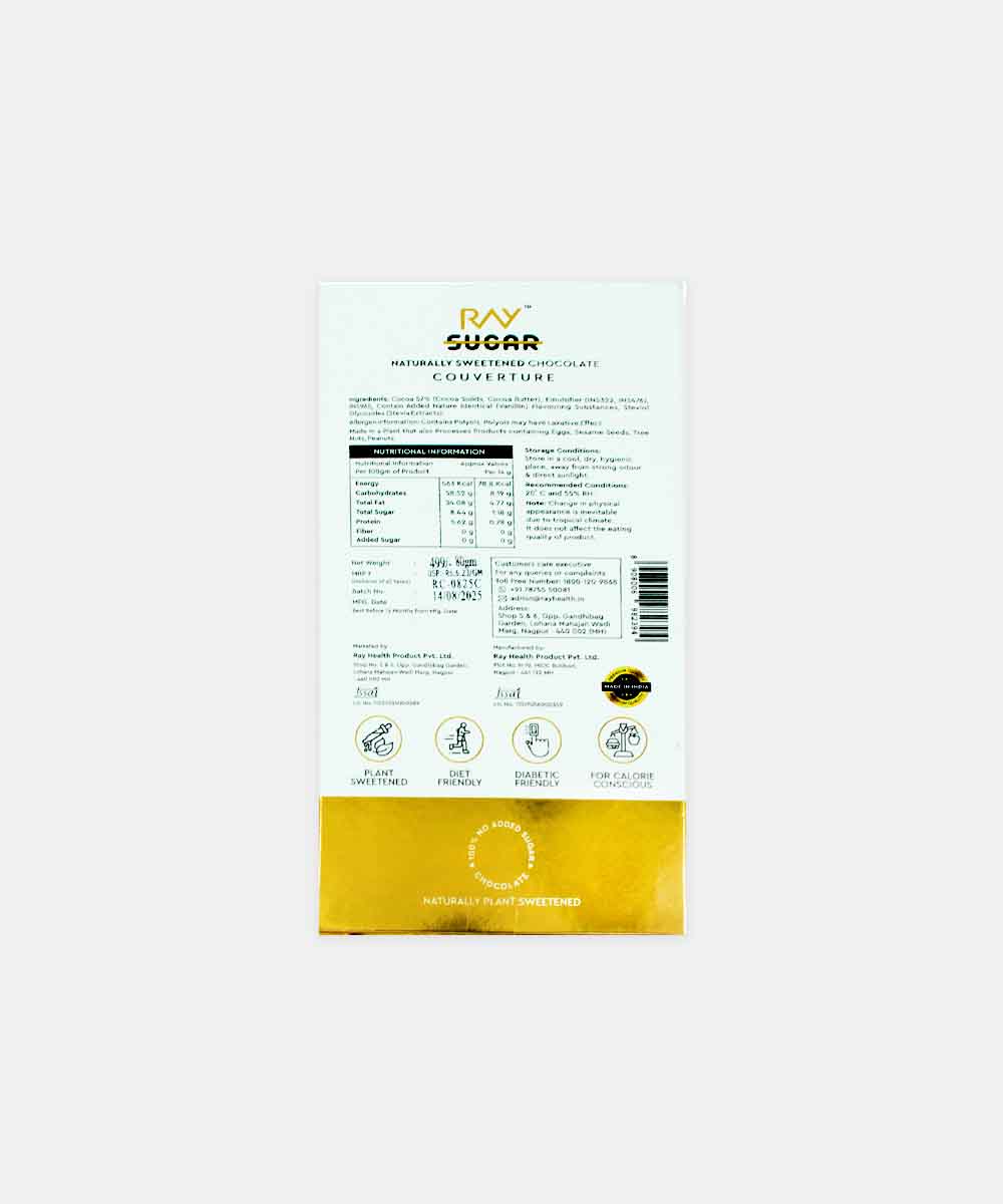 Ray No Sugar Couverture Chocolate 57 % Dark Made With Premium Cocoa 80 Gm