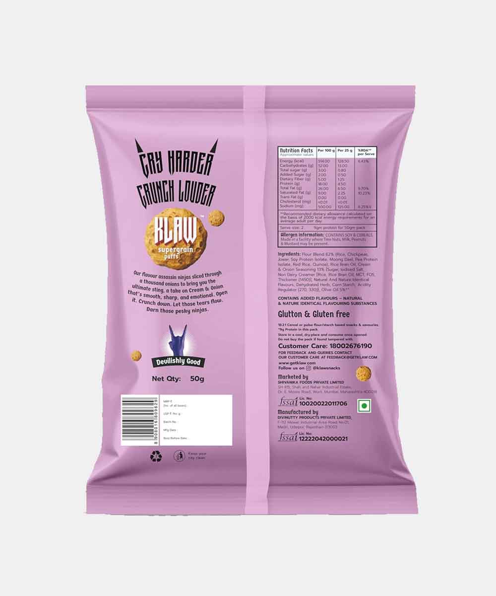 Klaw Sour Cream And Onion Supergrain Puffs 50 Gm