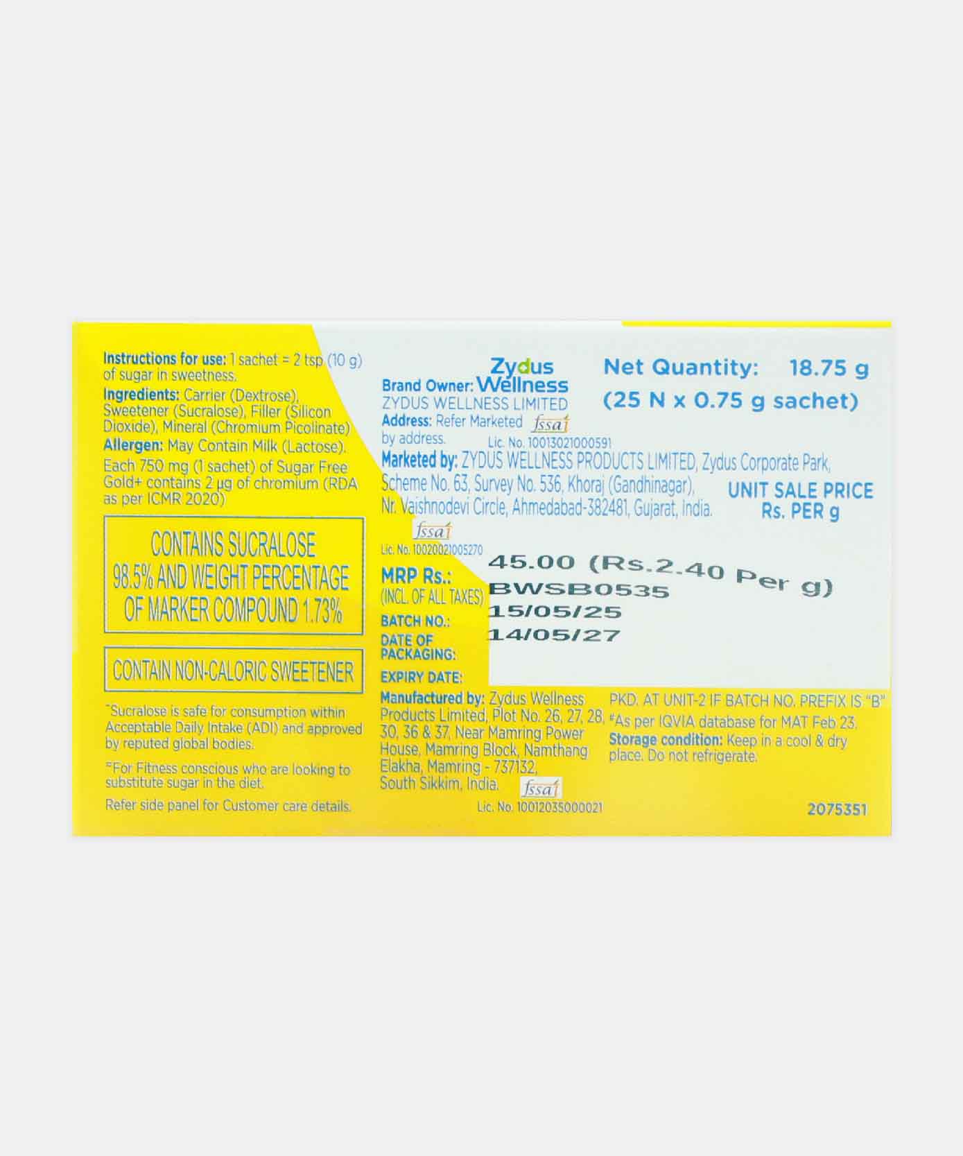 Sugar Free Gold 25 Sachets 18.75 Gm