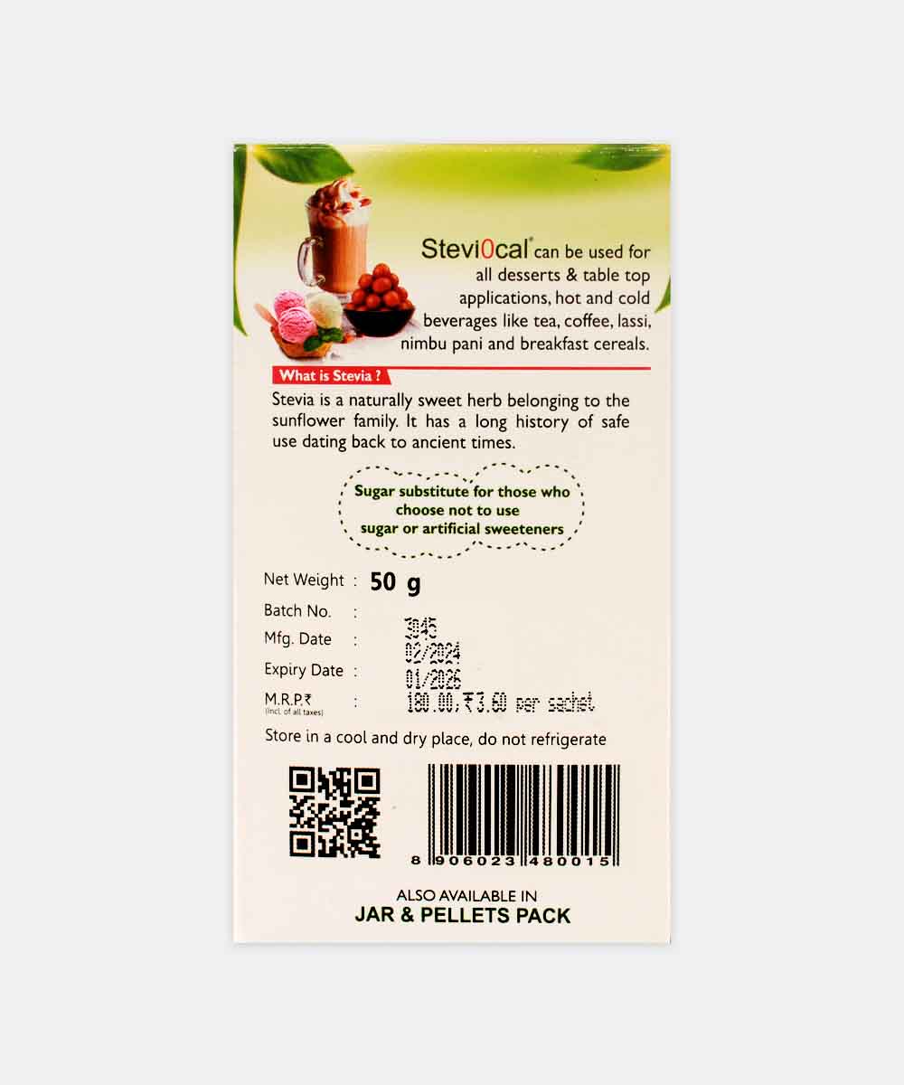 Steviocal All Naturally Stevia Sweet 50 Sachet 50 Gm