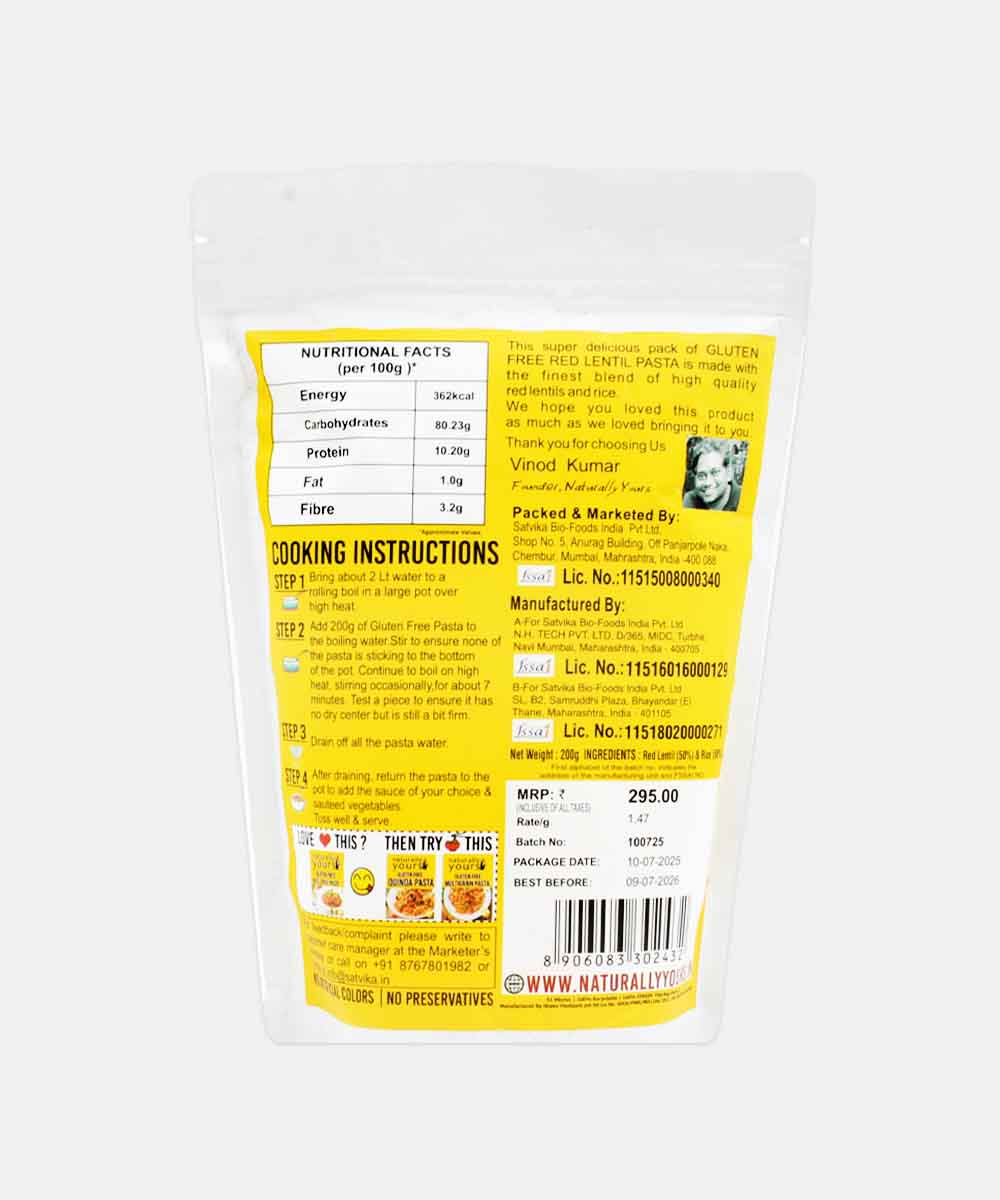 Naturally Yours Gluten Free Red Lentill Pasta 200 Gm