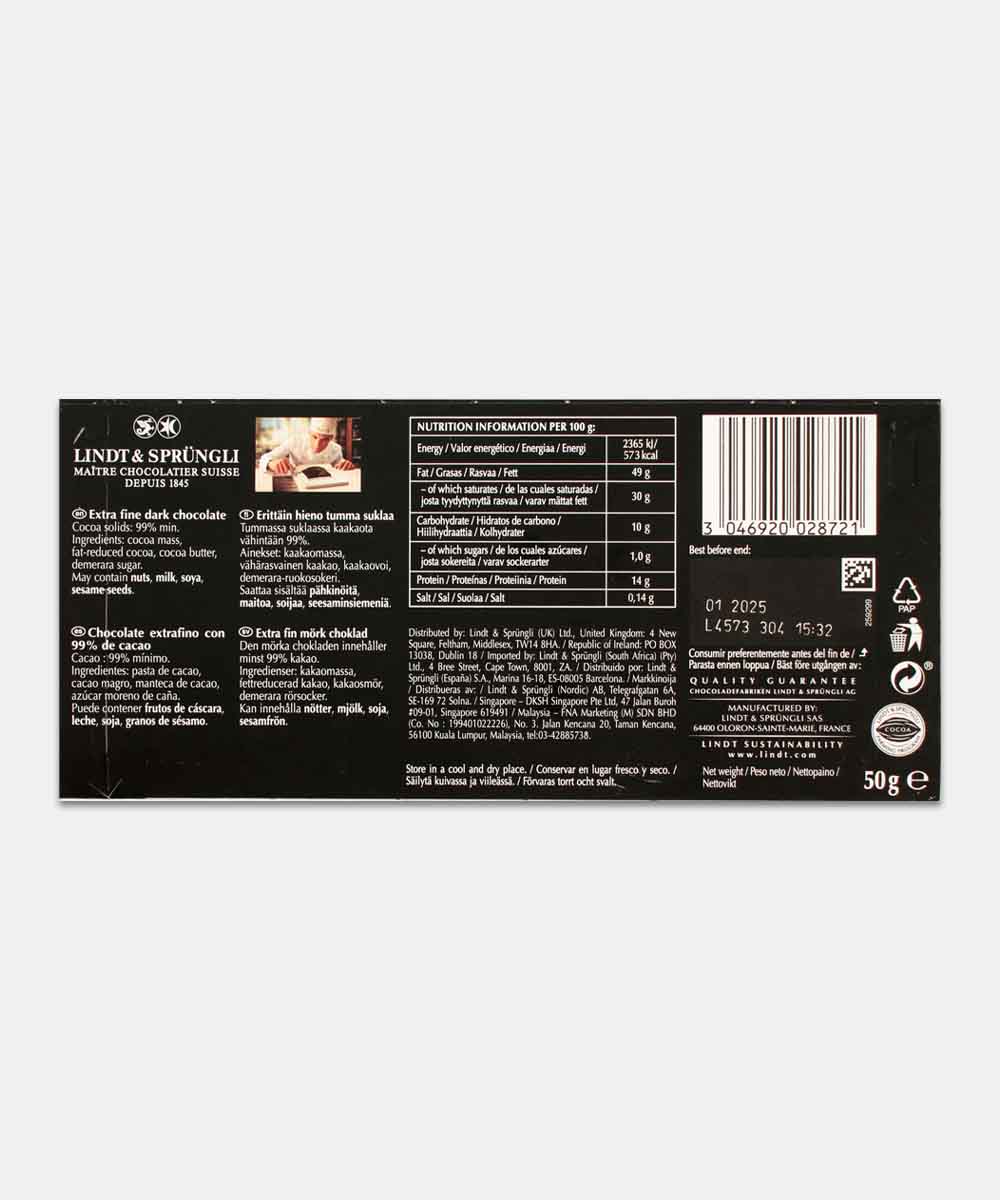 Lindt Excellence Dark 99% Cocoa Chocolate 50 Gm