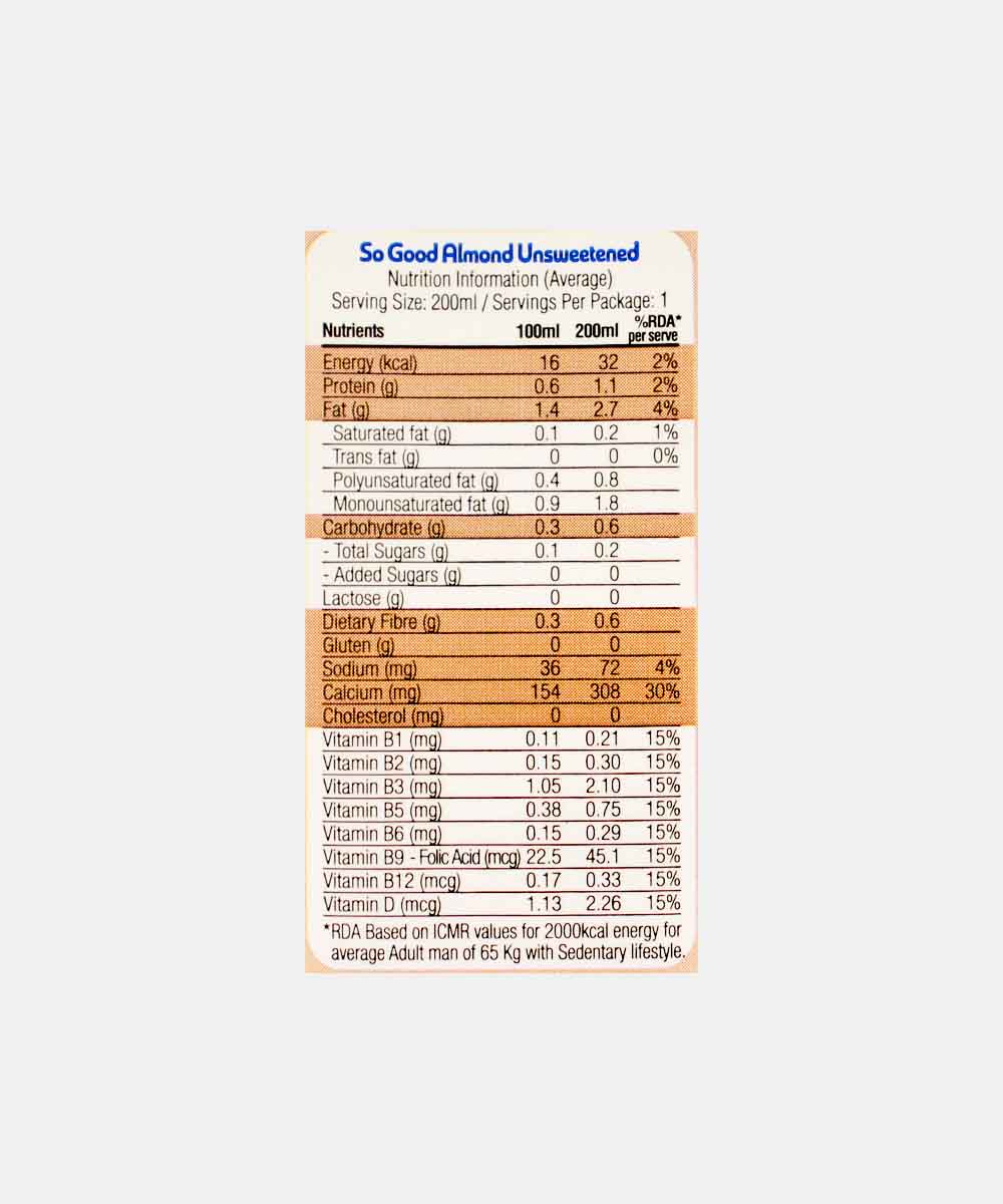So Good Almond Unsweetened Milk 200 Ml