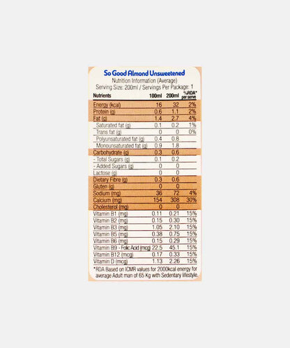 So Good Almond Unsweetened Milk 200 Ml