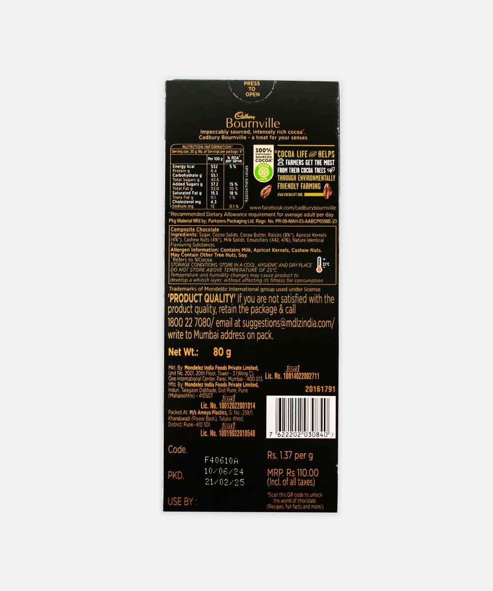 Cadbury Bournville Fruit & Nut Chocolate 80 Gm