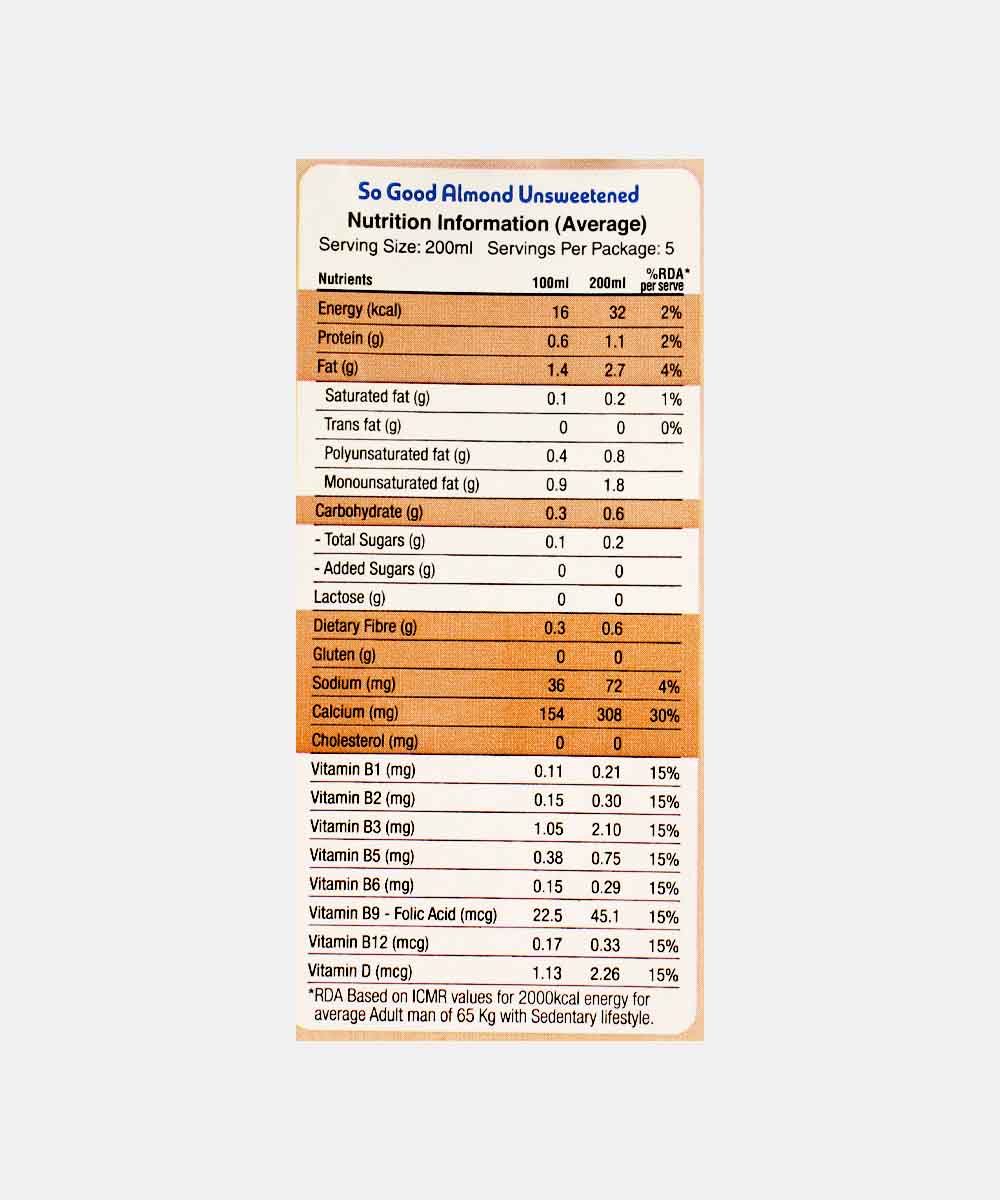 So Good Almond Unsweetened Milk 1 Ltr