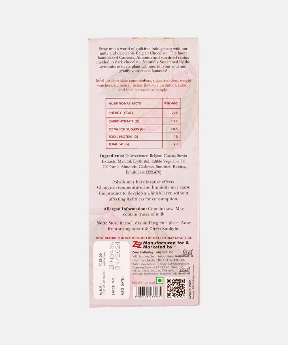 Zevic Dark Sugar Free Fruit & Nuts Chocolate 40 Gm