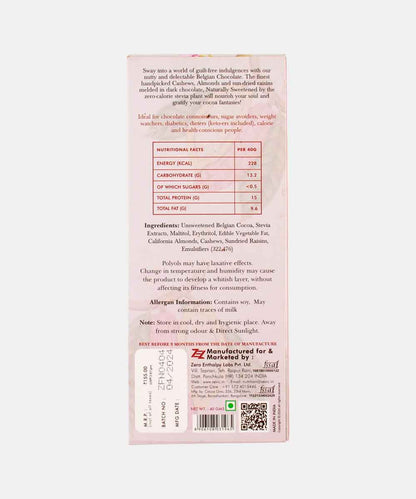 Zevic Dark Sugar Free Fruit & Nuts Chocolate 40 Gm