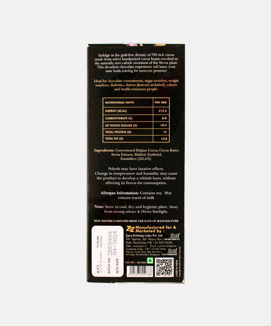Zevic Belgian Couverture 70% Classic Dark Sugar Free Chocolate 96 Gm