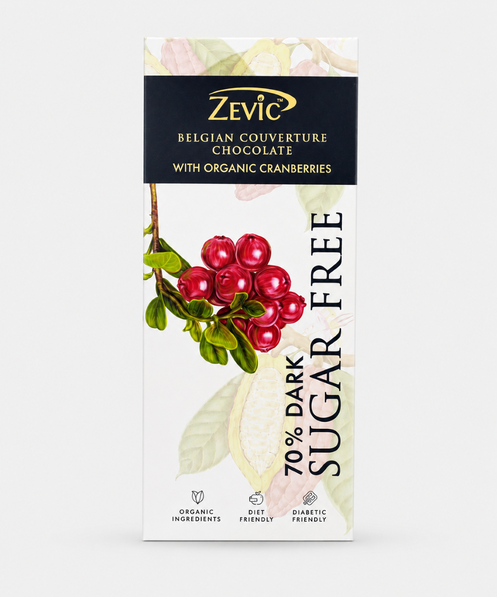 Zevic Belgian Couverture 70% Dark Sugar Free Organic Cranberries Chocolate 40 Gm