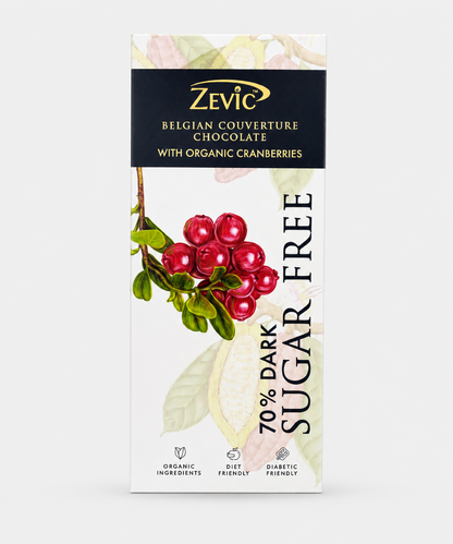 Zevic Belgian Couverture 70% Dark Sugar Free Organic Cranberries Chocolate 40 Gm