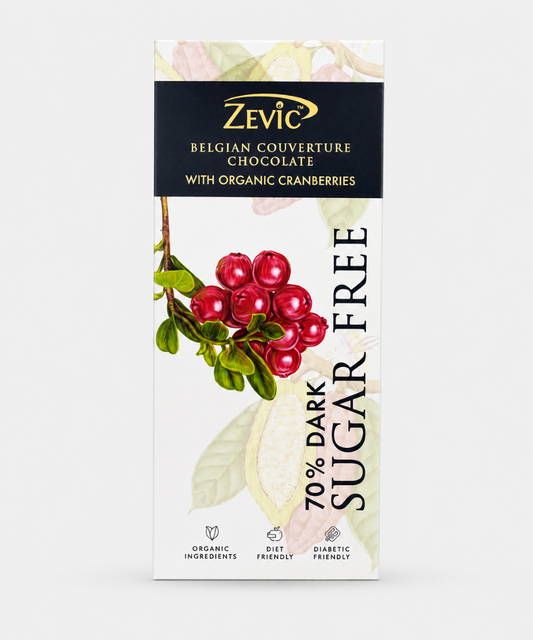 Zevic Belgian Couverture 70% Dark Sugar Free Organic Cranberries Chocolate 40 Gm
