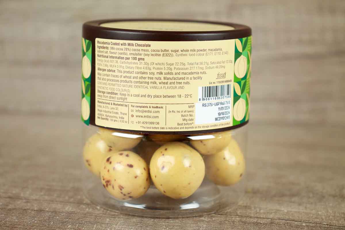 Entisi Macadamia Dragees Coated With Milk Chocolate 100 Gm