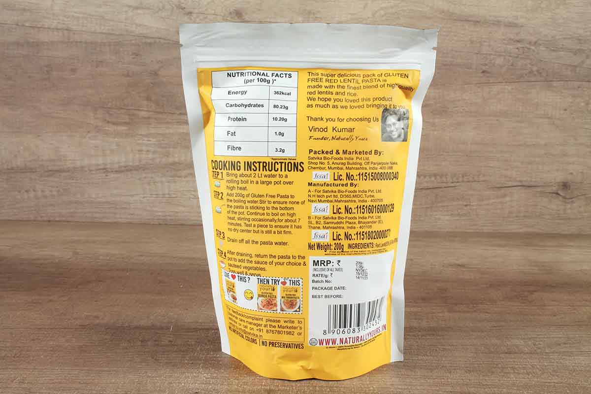 Naturally Yours Gluten Free Red Lentill Pasta 200 Gm
