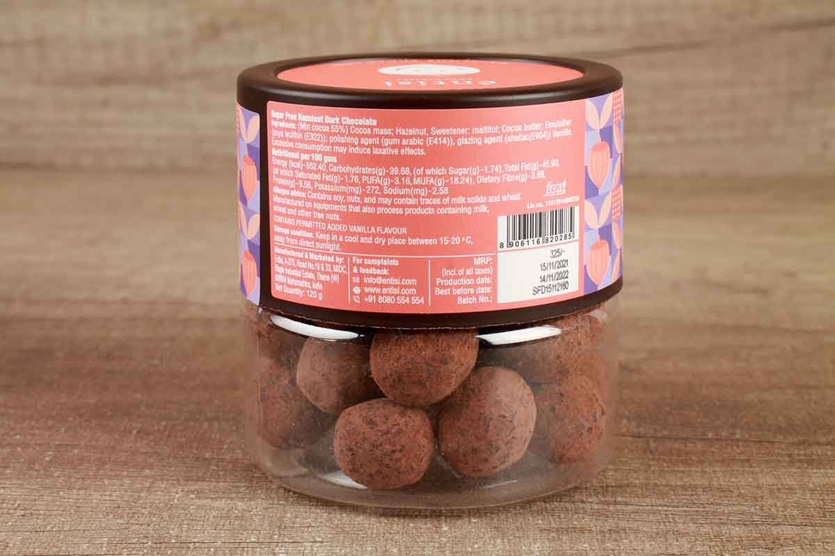 Entisi Sugar Free Hazelnut Dragees Coated Dark Chocolate 120 Gm
